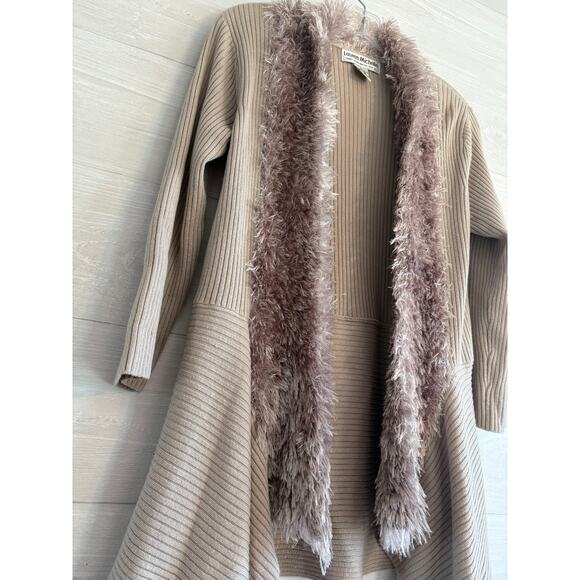 Cardigan Sweater Womens Tan Faux Fur Collar Open Front - Picture 3 of 5